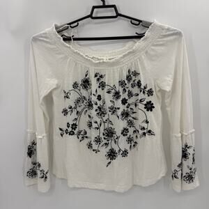 ANTHROPOLOGIE Womens Off Shoulder Embroidered Shirt Size M Boho Cottage Floral